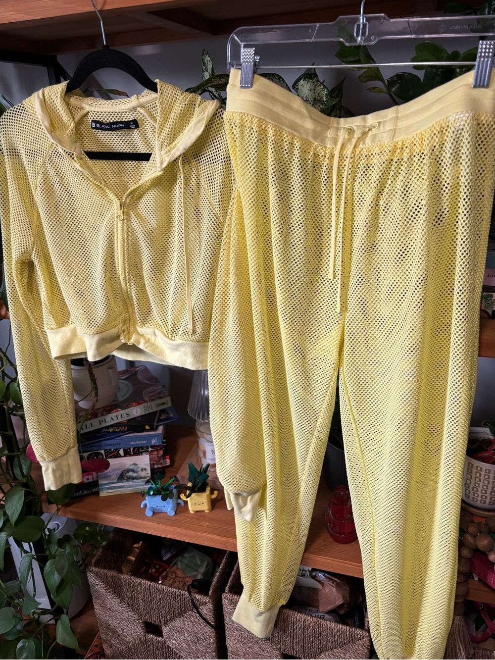 Blanc Noir Mesh Two-Piece Hoodie & Jogger Set in Neon Yellow | Medium